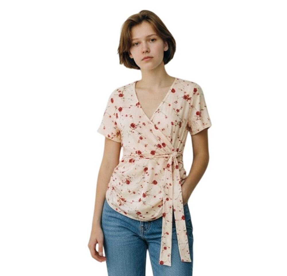Hello Mia Floral Wrap Top Women’s M White Red Ruched Side Stretch Blouse